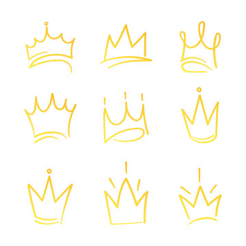Hand drawn crowns logo set for queen icon, princess diadem symbol, doodle illustration, pop art element, beauty and fashion shopping concept