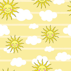 Cute smiling sun and clouds in the sky vector repeat pattern