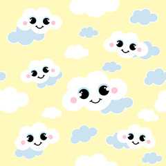 Cute smiling clouds in the sky vector seamless pattern. Charming illustration