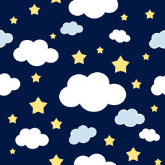 Clouds and the stars in the sky vector repeat pattern in cartoon style
