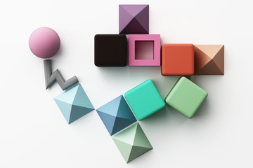 Set of colorful realistic geometric shape with fabric texture on white background. 3d rendering