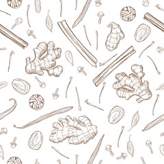 Spices for dessert and baking. Vector seamless pattern. Hand drawn sketch illustration
