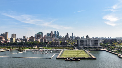 Aerial view of skyline and port. Soccer yard over the pier. Brooklyn, NYC.