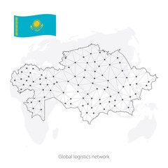 Obraz premium Global logistics network concept. Communications network map Kazakhstan on the world background. Map of Kazakhstan with nodes in polygonal style and flag. Vector illustration EPS10. 