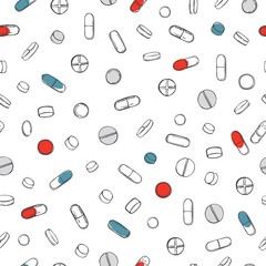 Hand drawn pills on white background.  Vector  seamless pattern.