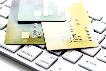 Credit cards on the keyboard close up