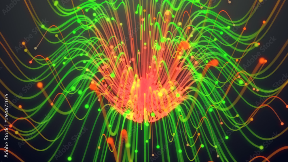 Poster colorful particle line, Glowing lines and light particles on dark animation 3D rendering