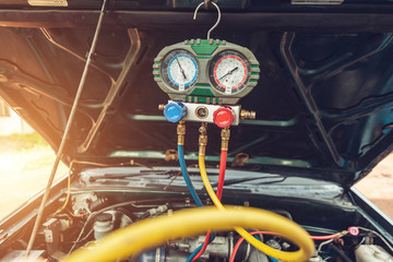 car air conditioner system in car garage, Car air conditioner check service, leak detection, fill...