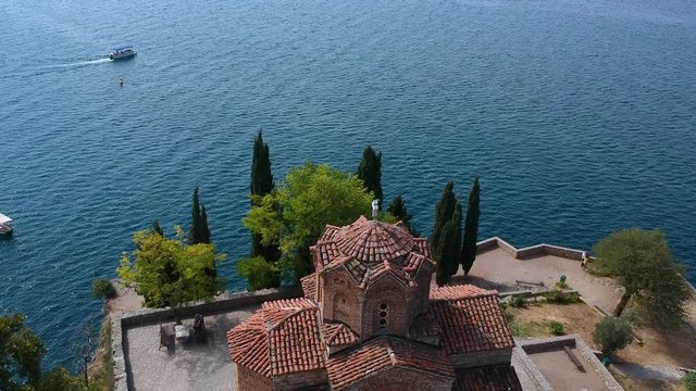 Aerial of St John Kaneo Church on Cliff Over Ohrid Lake, North Macedonia