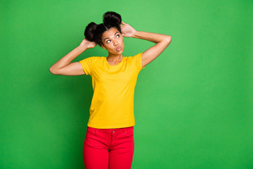 Photo of amazing dark skin lady holding arms on modern youth hairdo sending air kisses shy looking...