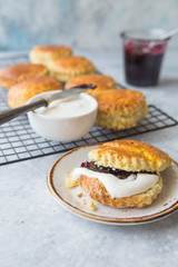 Homemade scones serve with homemade currant jam,clotted cream . Scones is English pastry for...