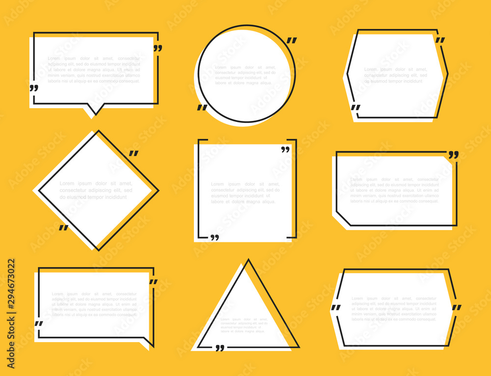 Poster super set different shape geometric texting boxes. quote box speech bubble on yellow background. mod