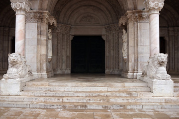 lion statues Cathedral of Our Lady of Hungary entrance Szeged