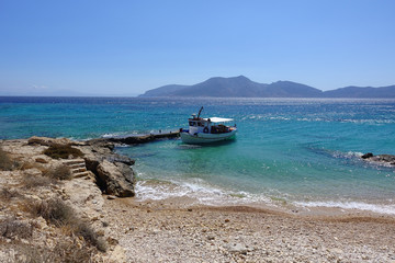 Tourist boat in famous and beautiful Koufonisi island seascape, Small Cyclades, Greece