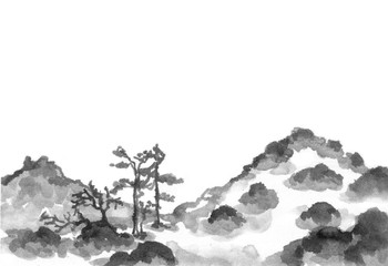 Mountain in the snow. Background with mountains. Ink mountain. Black and white image. Ink Chinese mountain landscape. Mountains in the fog. Trees on the mountain. Ink image. Pines. Hill,  pea