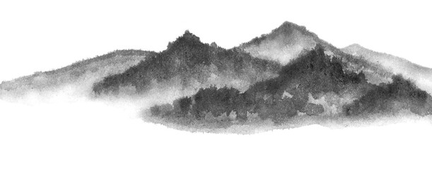 Background with mountains. Ink mountain. Black and white image. Ink Chinese mountain landscape. Mountains in the fog. Trees on the mountain. Ink image. Pines. Hill,  peak 