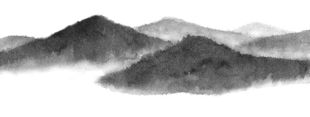 Background with mountains. Ink mountain. Black and white image. Ink Chinese mountain landscape. Mountains in the fog. Trees on the mountain. Ink image. Pines. Hill,  peak  © Tetiana