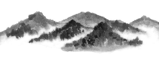 Background with mountains. Ink mountain. Black and white image. Ink Chinese mountain landscape. Mountains in the fog. Trees on the mountain. Ink image. Pines. Hill,  peak 