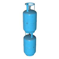 Fototapeta premium Gas cylinder lpg tank gas-bottle. Propane gas-cylinder balloon. Cylindrical container with liquefied compressed gases with high pressure and valves 3d render isolated on white background