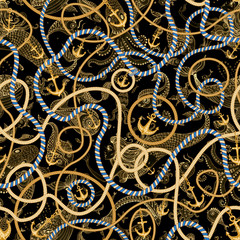Golden chains, sea anchors, jewelry accessories, striped cables and ropes seamless pattern on a black background with watercolor painted mermaids, fish, octopus, ocean animals. Baroque textile print