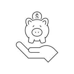 Hand holding piggy bank line icon on white background. Editable stroke
