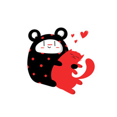 Cute Bear Costume Character Hugging Red Cat – Love and Friendship Illustration