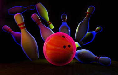 Bowling lane with ball and pins in neon light.