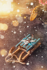 Naklejka premium Wooden toy sleigh, Christmas card