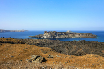 View extending from the volcanic island of Nea Kameni on the coast of Santorini