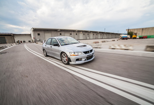 Trieste, Italy - SEPTEMBER 3, 2013: Photo of Mitsubishi EVO 8 .The Lancer Evolution 8 sedan features a newly designed 4B11T 2.0L (1998cc) turbocharged, all-aluminium inline-4 GEMA engine