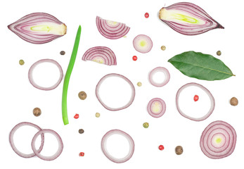 Sliced red onion isolated on white background. Top view.