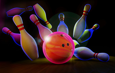 Bowling lane with ball and pins in neon light.