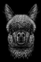 Alpaca / Llama portrait. Graphic, hand-drawn, realistic, black and white portrait of an alpaca / llama on a black background.