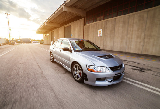 Trieste, Italy - SEPTEMBER 3, 2013: Photo of Mitsubishi EVO 8 .The Lancer Evolution 8 sedan features a newly designed 4B11T 2.0L (1998cc) turbocharged, all-aluminium inline-4 GEMA engine