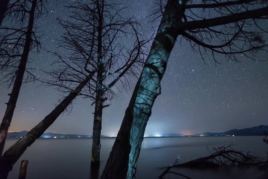 Beautiful Milky Way Galaxy on the Sevan lake, Armenia. Time lapse stars.
