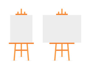 Vector Set of Wooden Brown White Sienna Easels with Mock Up Empty Blank Square Canvases Isolated on Background.