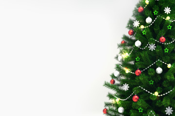 Decorated xmas tree isolated on white, right side closeup, christmas holiday 3D illustration background