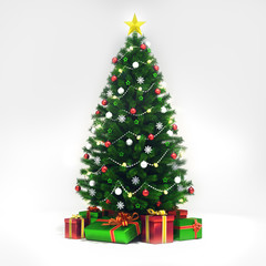 Decorated xmas tree isolated on white, general front view,  christmas holiday 3D illustration background