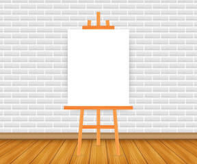 Vector Set of Wooden Brown White Sienna Easels with Mock Up Empty Blank Square Canvases Isolated on Background.