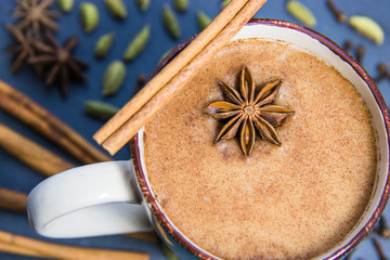 Chai Tea In Mug With Star Anise & Cinnamon Bark With More Ingredients In Background Including Green Cardamon & Whole Cloves