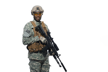 Young soldier wearing Americans army uniform and glasses.