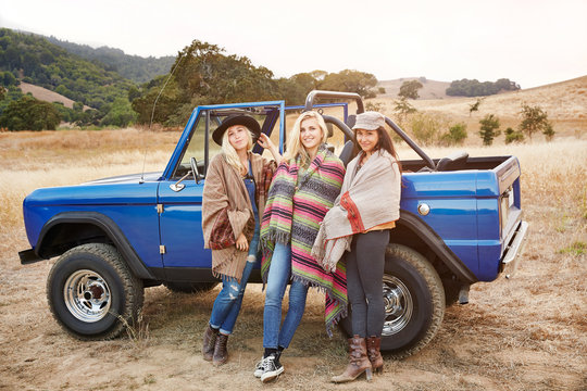 Girlfriends in nature on a road trip together