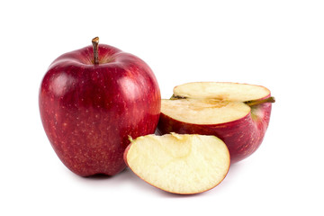 Whole and sliced red ripe apples, perfect isolate on a white background, design blank.