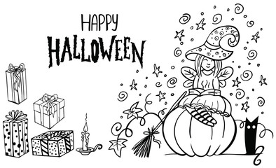 Halloween set of element - witch sitting on a pumpkin, black cat, jack lantern, owl, a bottle of potion. Vector illustration. Perfect for postcard, greeting card, print, coloring book.