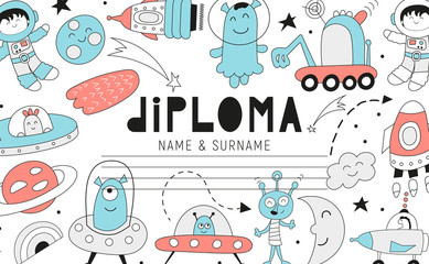 Diploma template for kids, certificate background with hand drawn cute space characters for school, preschool or playschool. Vector illustration.