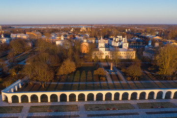 Yaroslav's Court in Veliky Novgorod. Nikolo-Dvorishchensky Cathedral, an important historical tourist site of Russia, aerial view from drone
