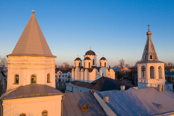 Yaroslav's Court in Veliky Novgorod. Nikolo-Dvorishchensky Cathedral, an important historical tourist site of Russia, aerial view from drone