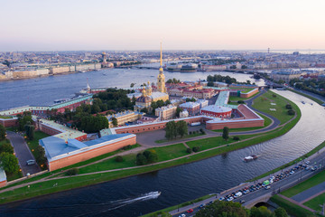 Fototapeta na wymiar Evening aerial view, Peter and Paul Fortress, Neva river, Saint Petersburg, Russia