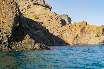 Kara-Dag mountains, view of the rocks from the sea, Crimea, Russia.