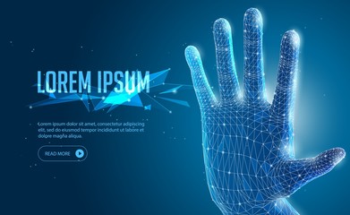 Abstract 3D Polygonal Wireframe Open Hand, Arm On Blue Background. Banner, Poster, Advertisement. Power, Strength, Protection, Control, Touch, Stop. Ready For Your Design. Vector EPS10